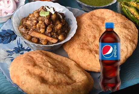 Chole Bhature Plate with Pepsi Bottle